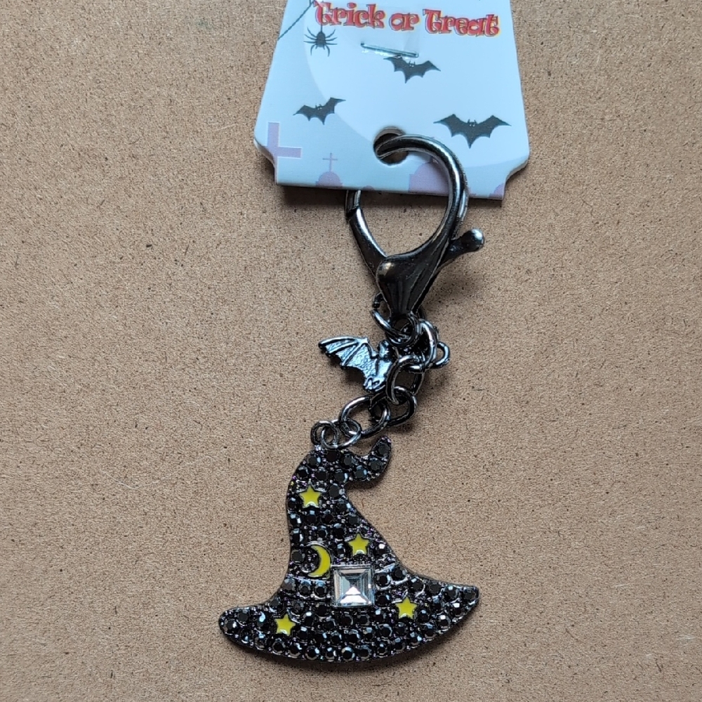 Halloween Sparkling Witch Hat Keychain with Bat Charm